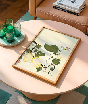 Illustration botanique élégante de melons et de vignes sur un fond texturé