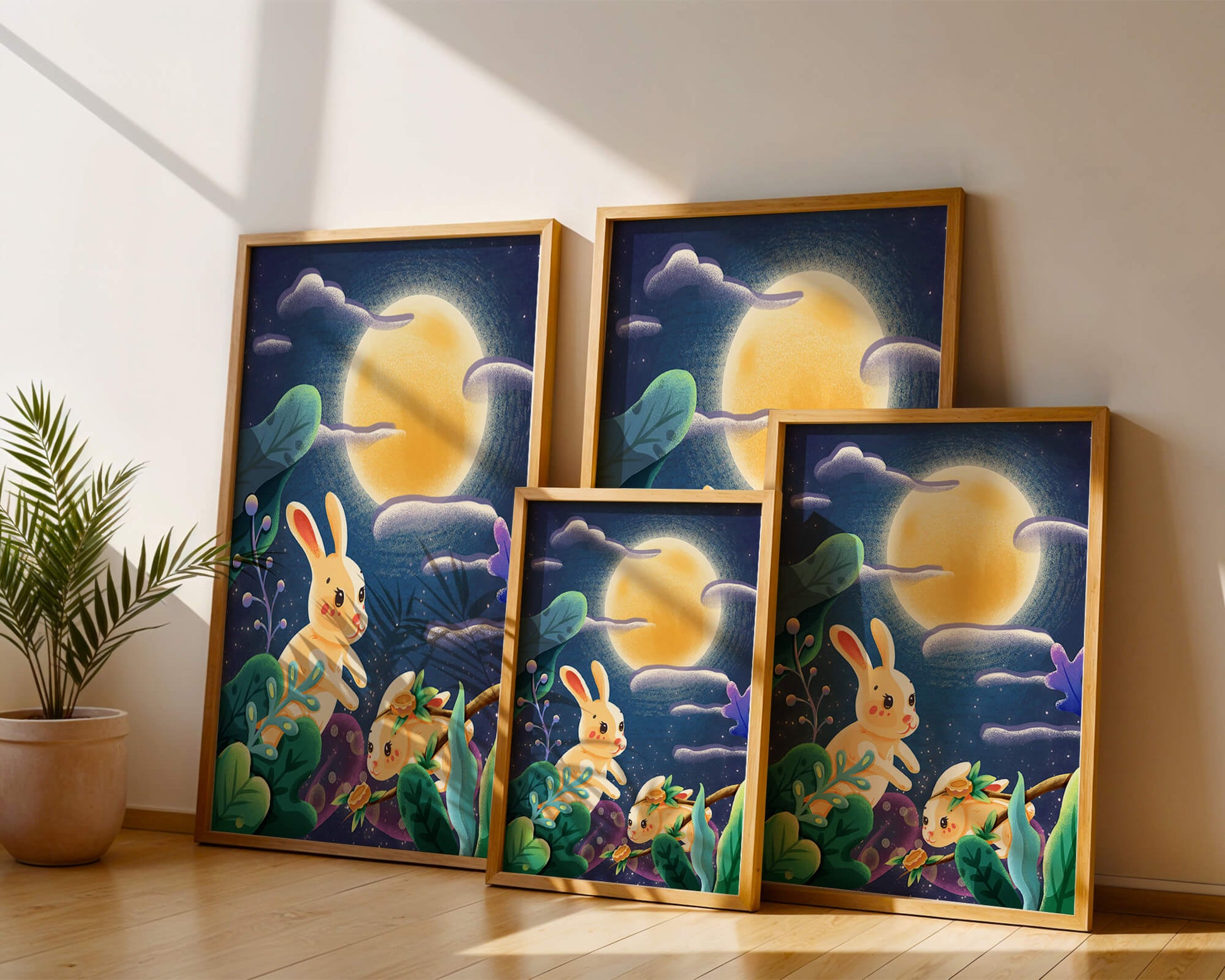 Charming illustration of rabbits under a full moon in a vibrant night garden