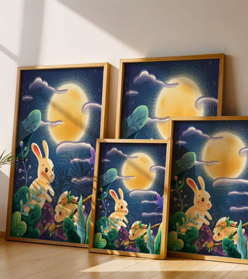 Charming illustration of rabbits under a full moon in a vibrant night garden