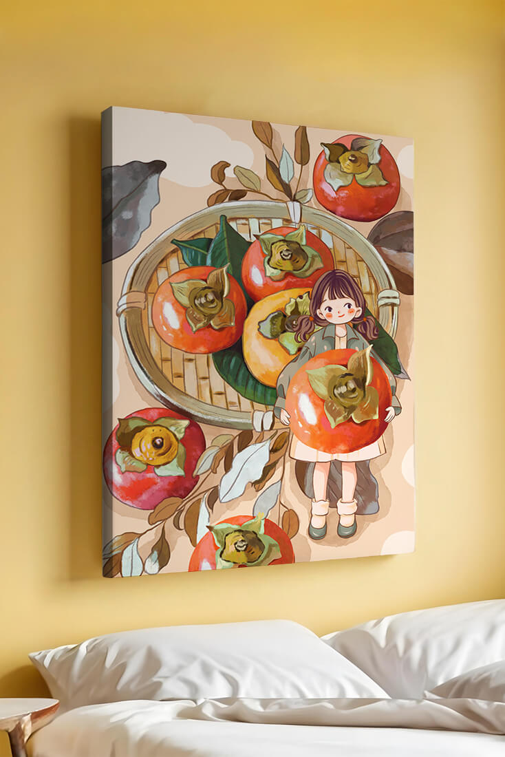 Joven sosteniendo un dátil en una escena de cosecha caprichosa