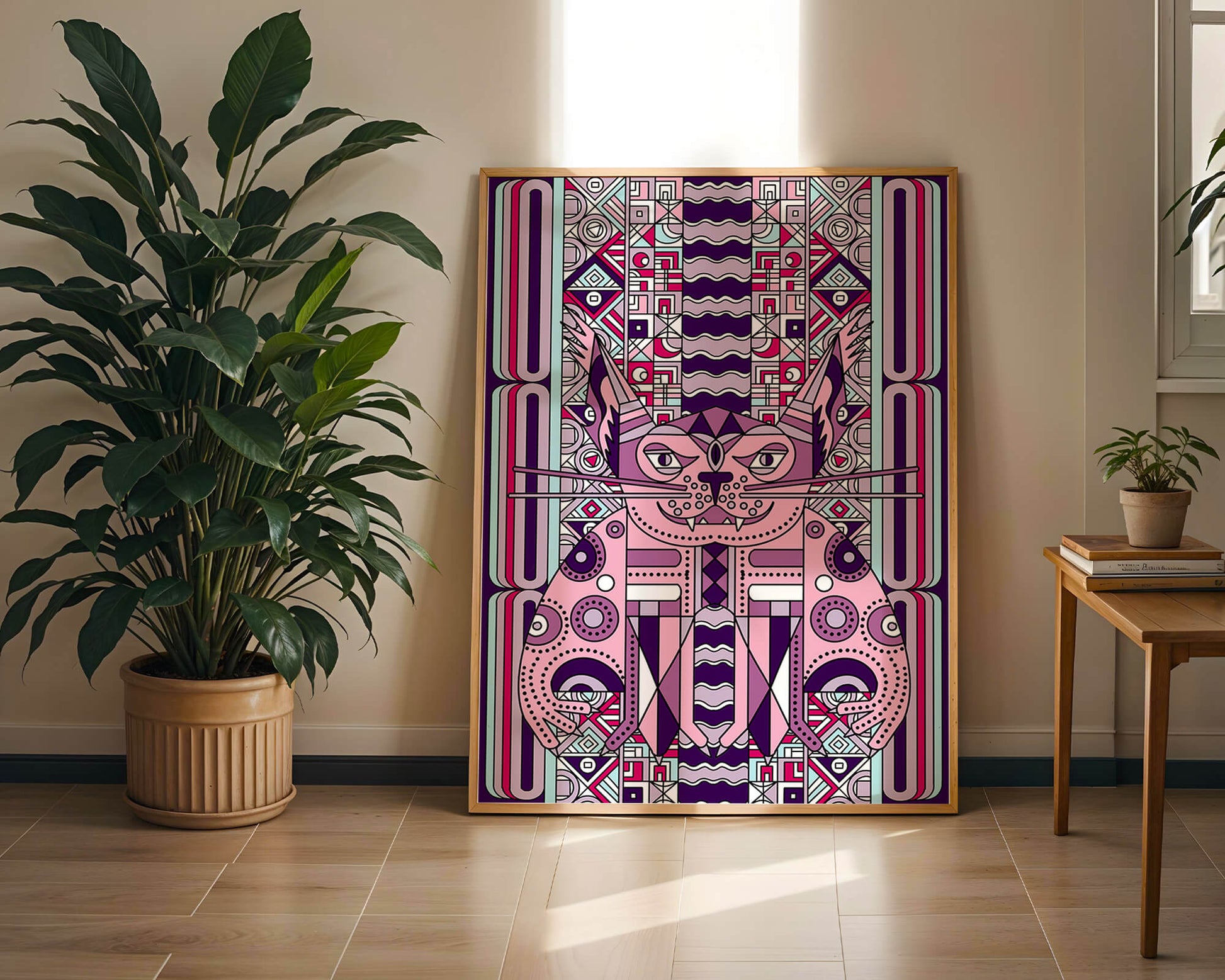 Art de chat géométrique coloré avec motifs abstraits en tons pastel