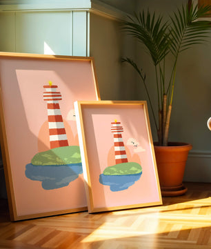 Ilustración encantadora de un faro con un entorno costero tranquilo