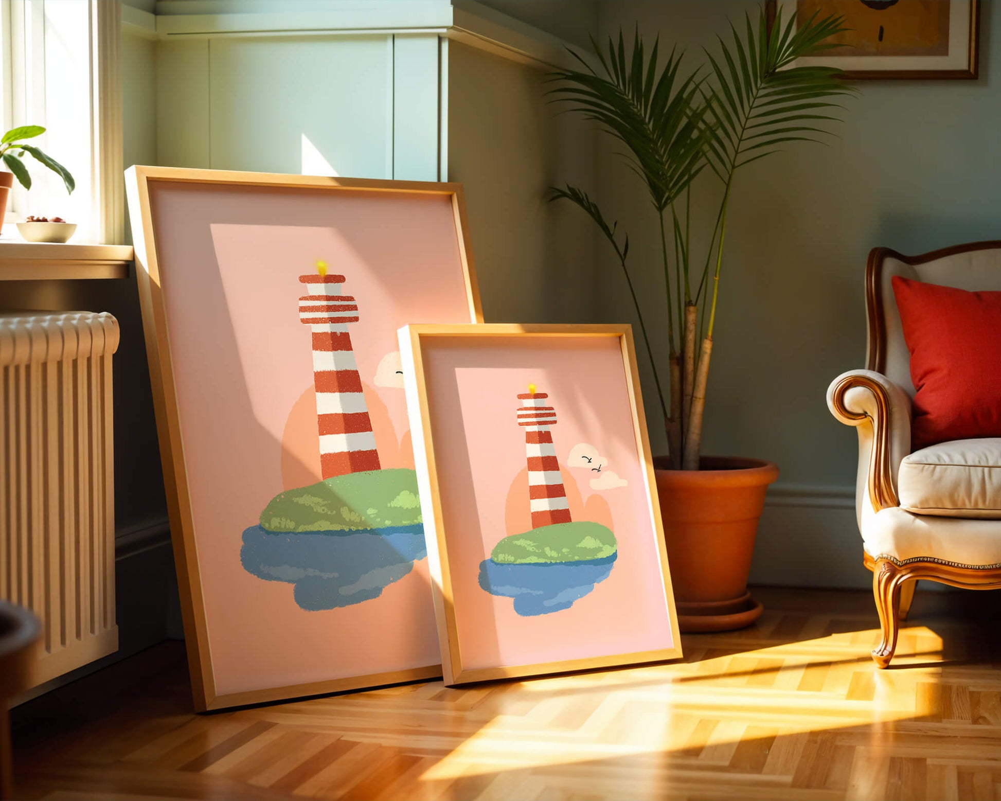 Ilustración encantadora de un faro con un entorno costero tranquilo