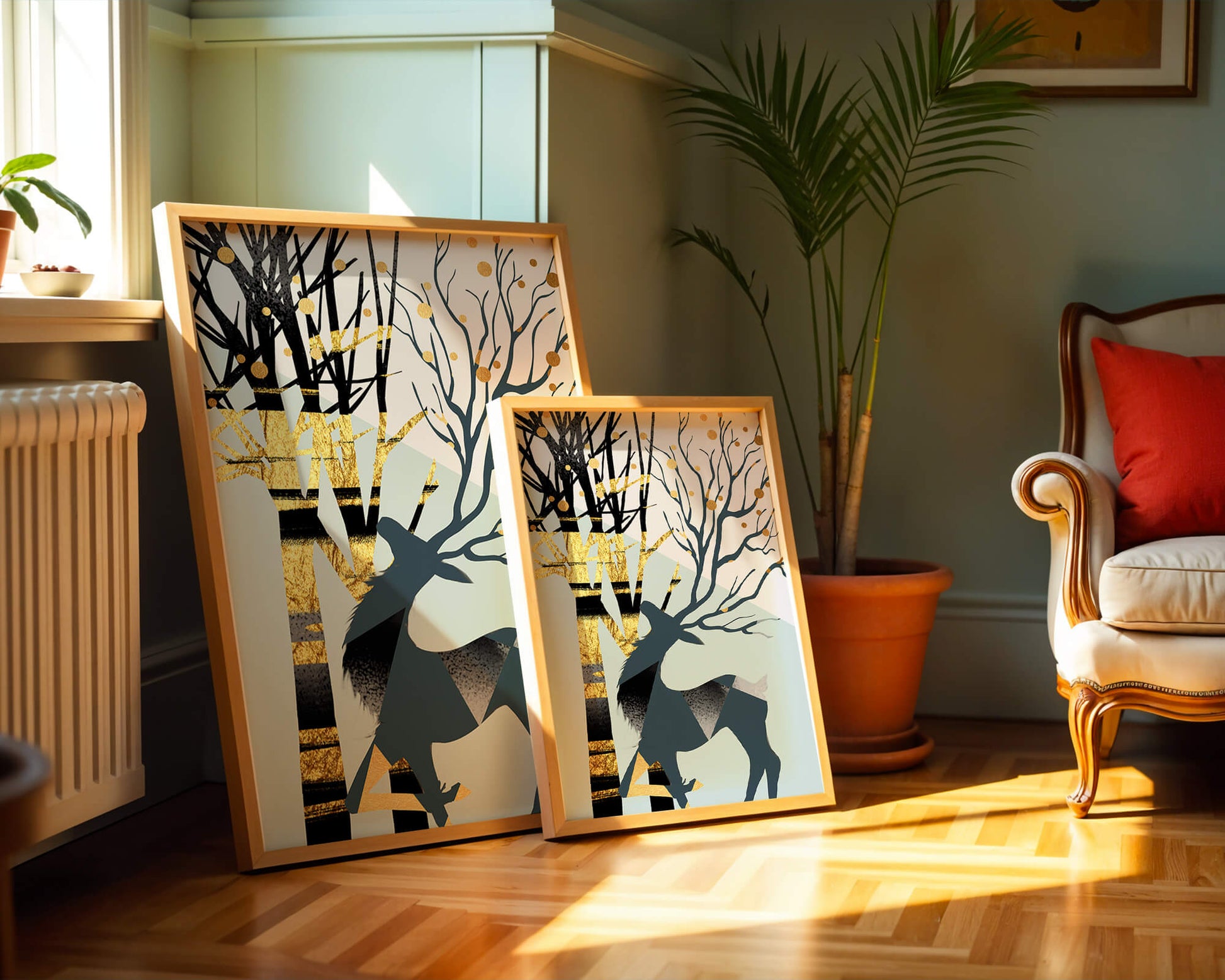 Abstract Deer Silhouette with Golden Accents and Trees