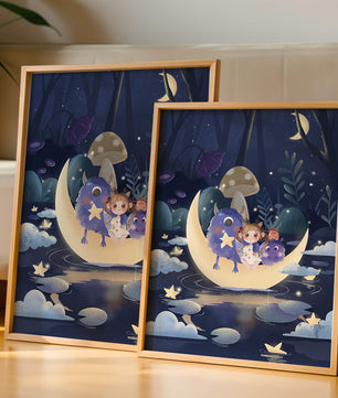 Escena nocturna onírica con un niño y monstruos amigables sobre una luna creciente