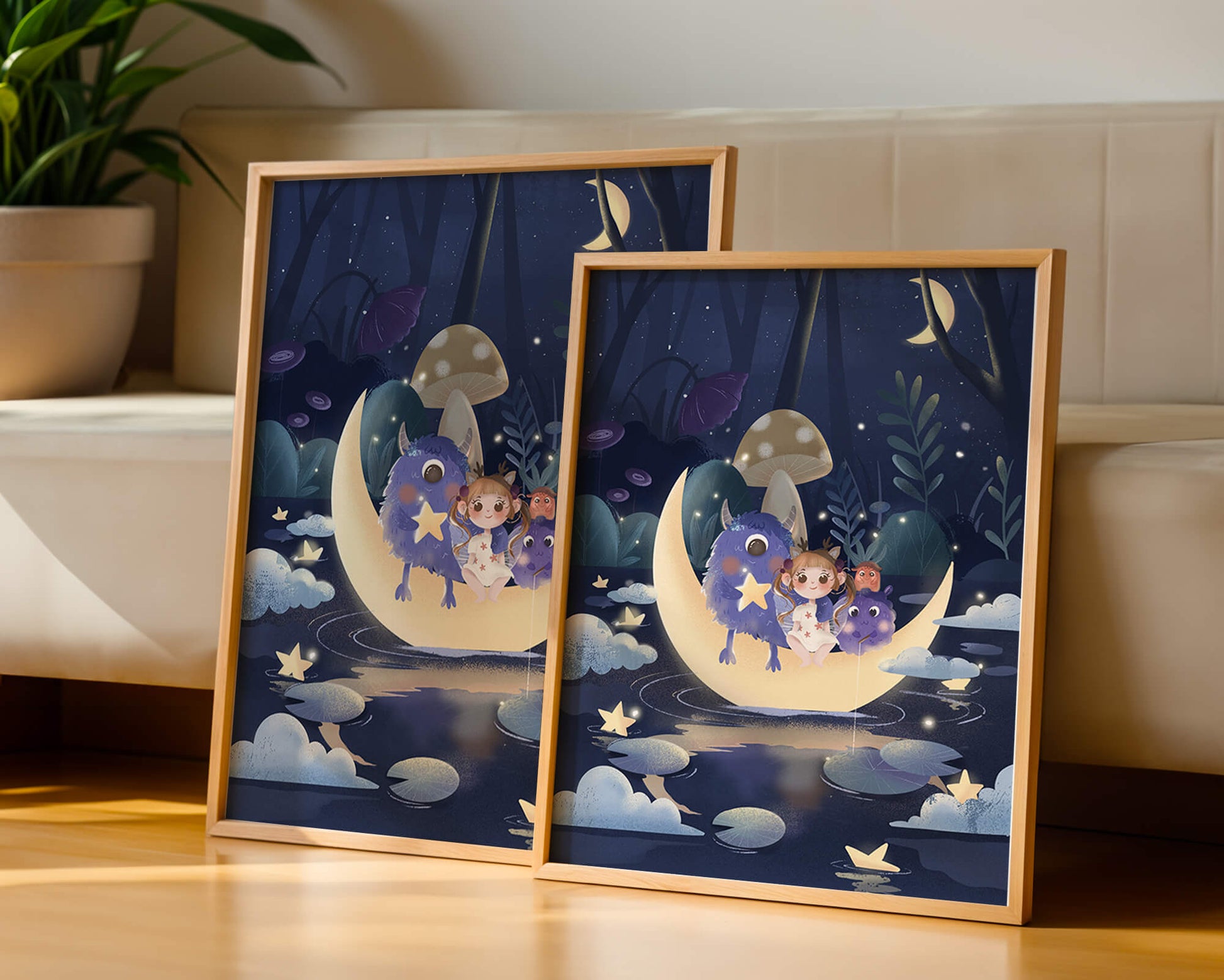 Dreamy night scene with a child and friendly monsters on a crescent moon