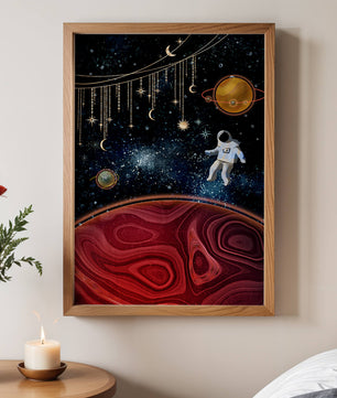 Escena espacial surrealista con astronauta y elementos celestiales