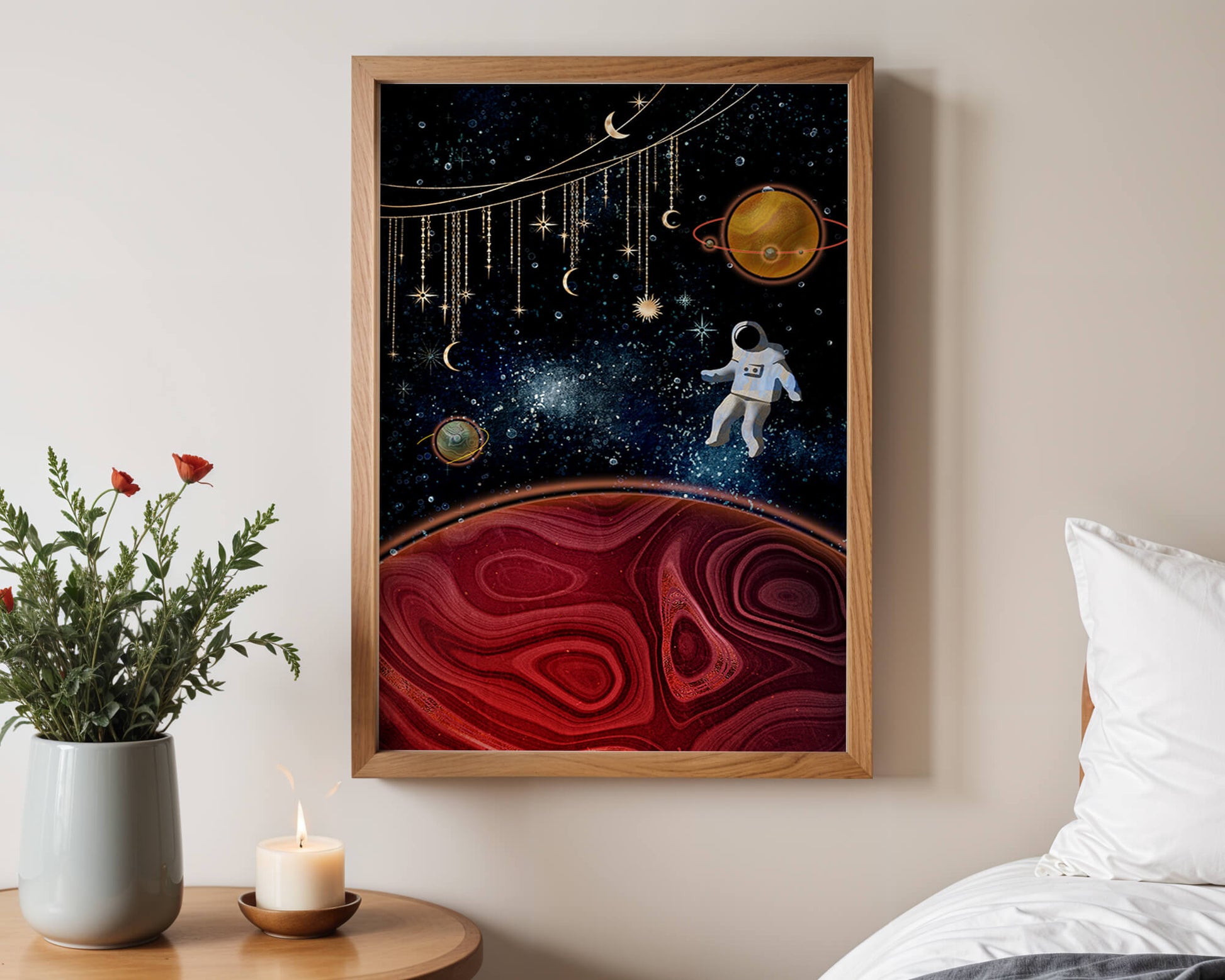 Surreal space scene with astronaut and celestial elements