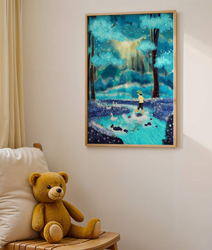 Colorful forest scene with a child and ducks by a stream