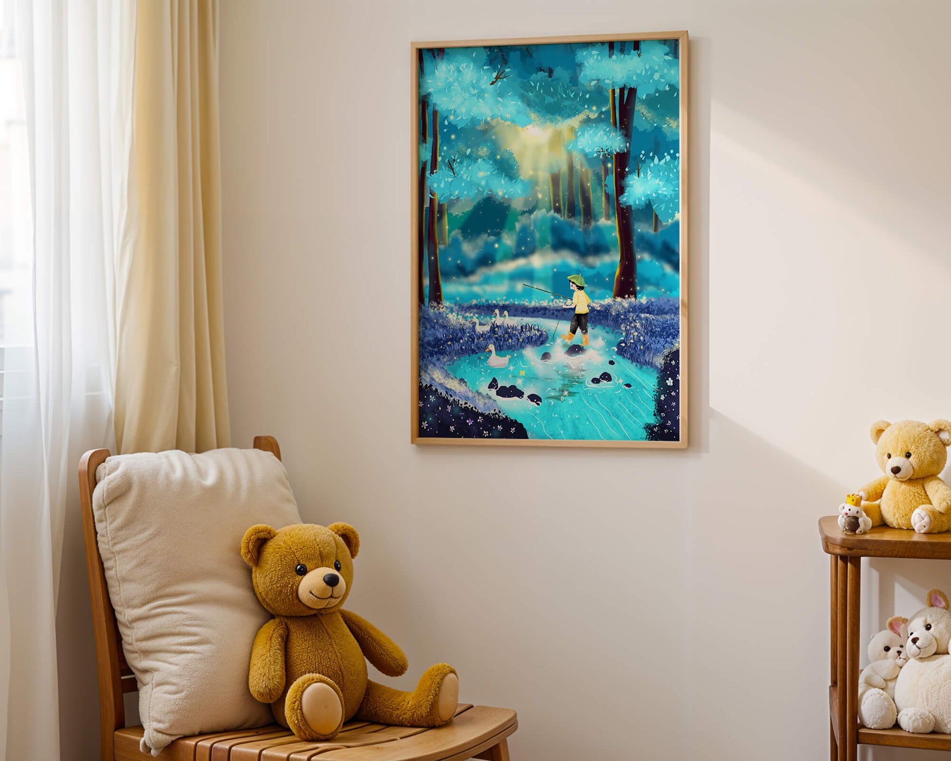 Colorful forest scene with a child and ducks by a stream