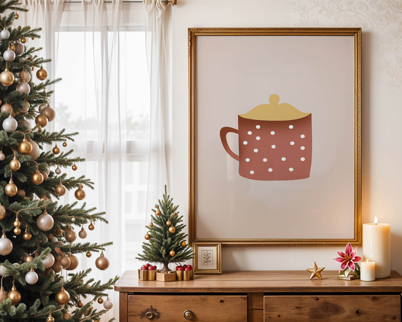 Decorative polka dot mug with yellow lid illustration