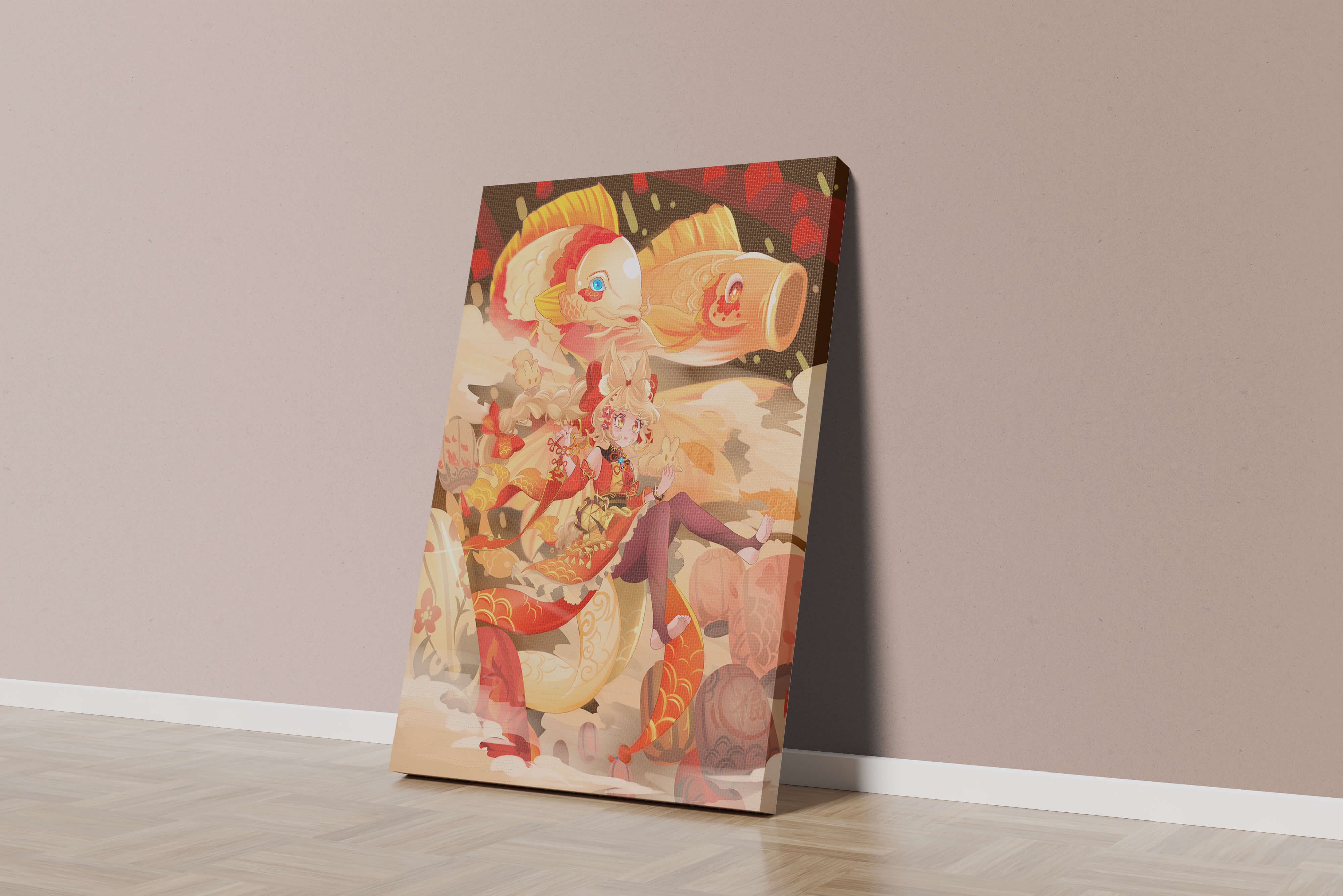 Vibrant anime character with mythical koi fishes and lanterns in dynamic scene
