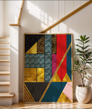 Geometric abstract art with bold colors and golden accents