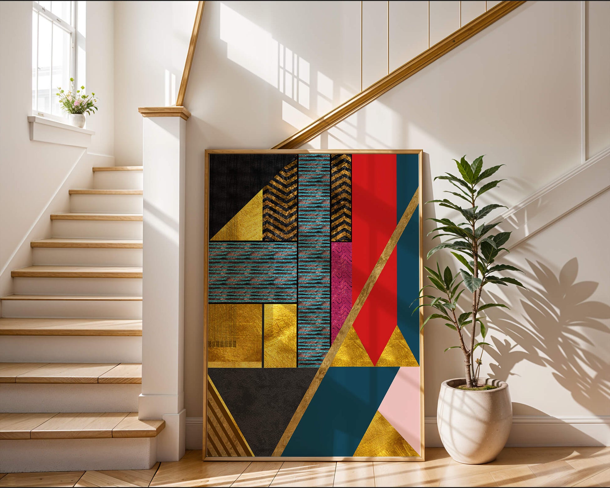 Geometric abstract art with bold colors and golden accents