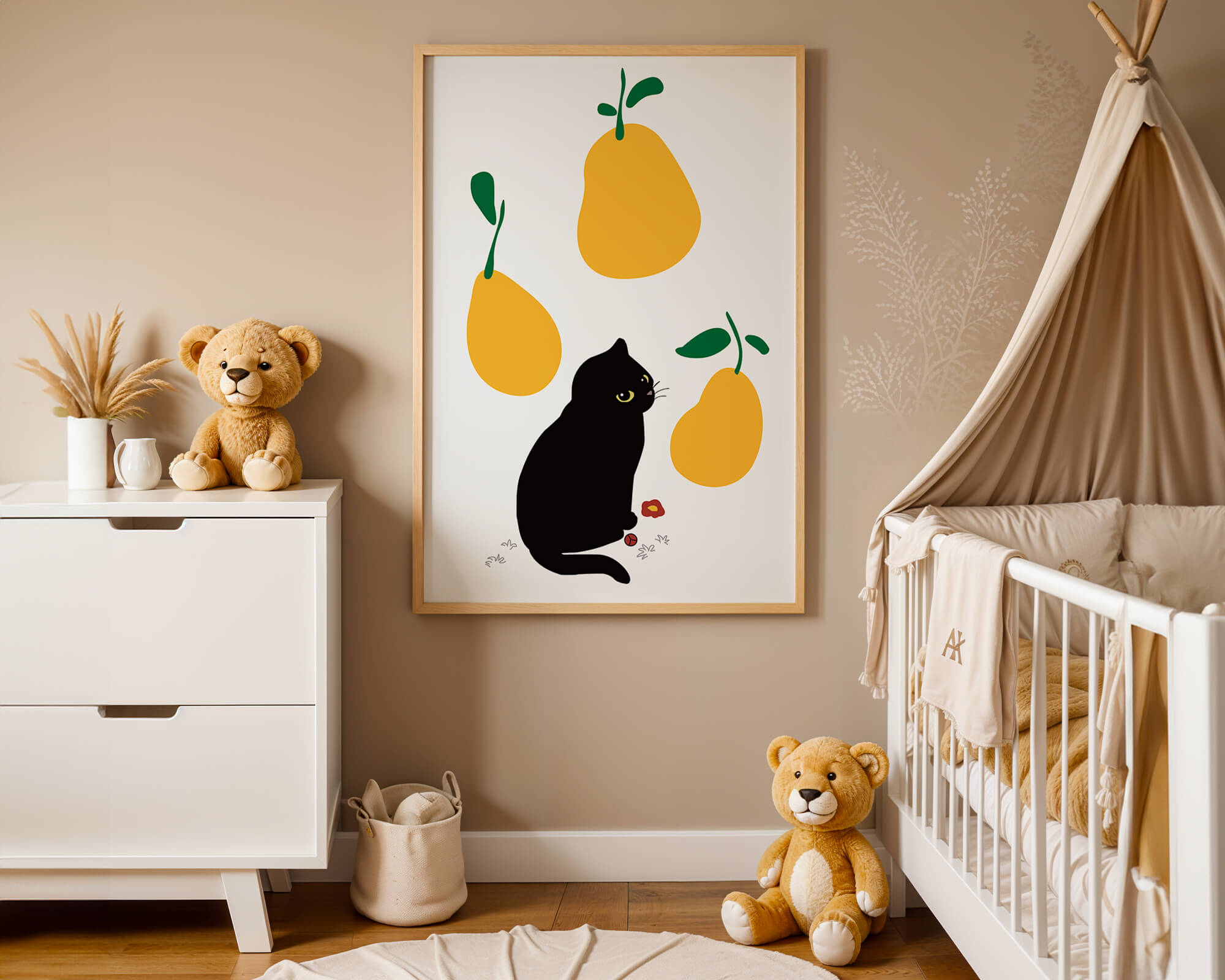 Illustration of black cat with yellow pears and green leaves
