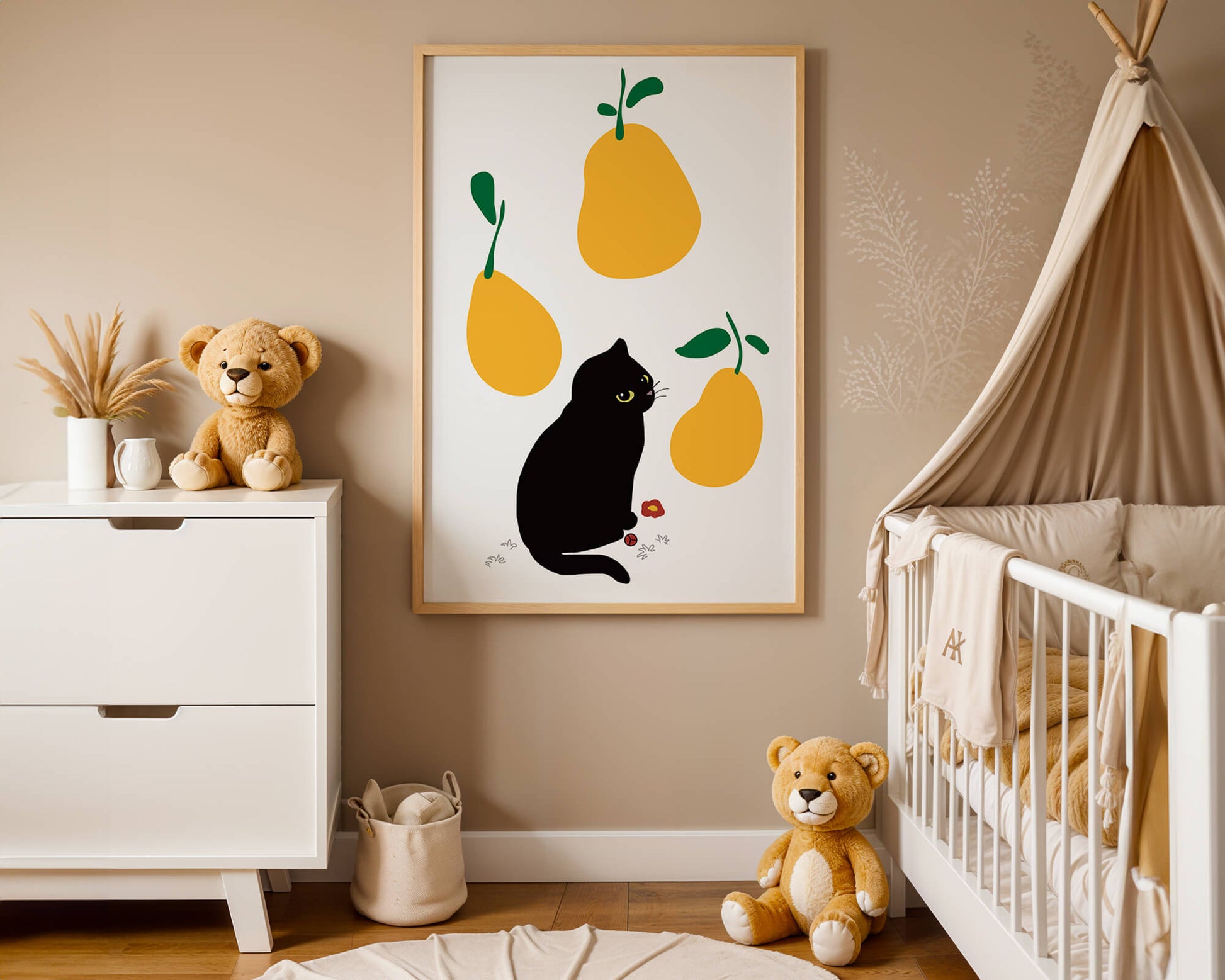 Ilustración de gato negro con peras amarillas y hojas verdes