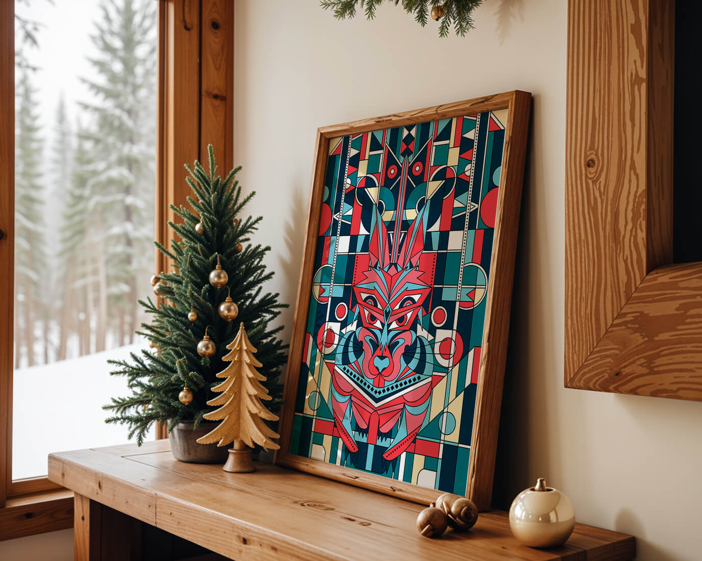 Arte abstracto geométrico de lobo con influencias tribales