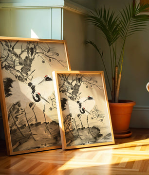 Traditional Japanese Painting of Cranes with Pine Tree and Gold Details