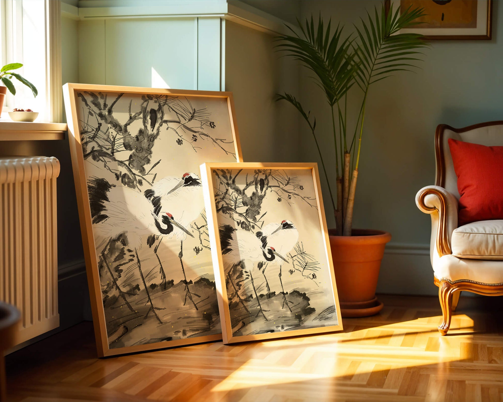 Pintura tradicional japonesa de grullas con pino y detalles dorados