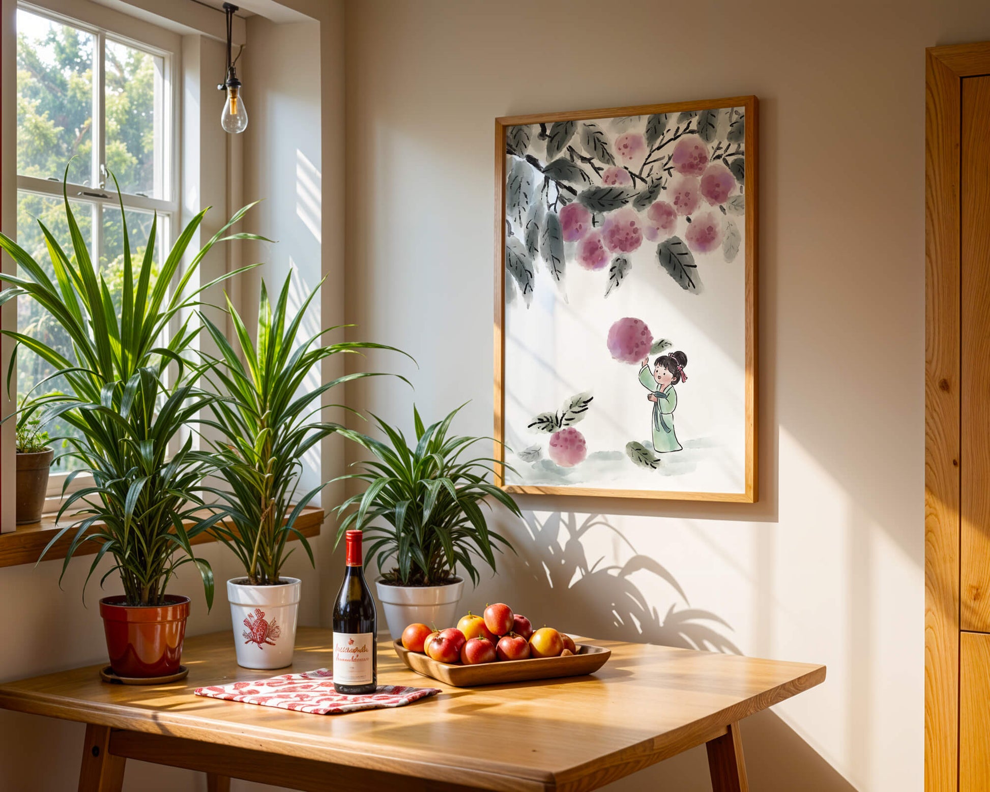 Ilustración encantadora de un niño con ropa tradicional, bayas vibrantes y hojas exuberantes