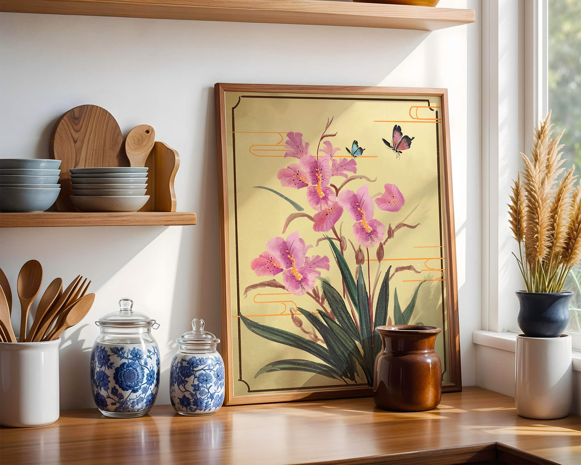 Elegant Floral Composition with Butterflies and Ornamental Background
