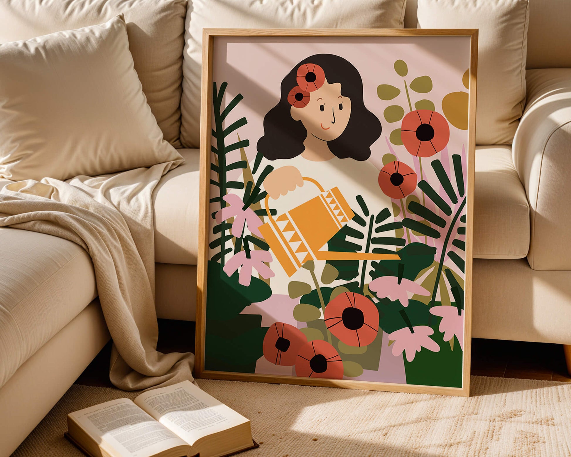 Woman watering plants surrounded by vibrant flowers and greenery