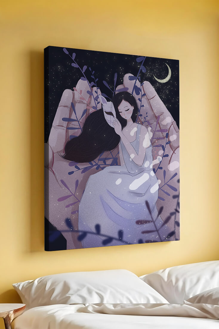 Un momento tierno bajo la luz de la luna con máscara y atmósfera onírica