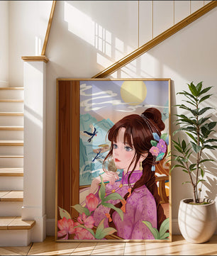 Serene landscape with a woman in traditional dress and mountain view