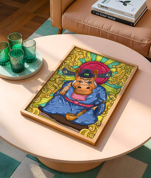 Ilustración colorida de un personaje animal caprichoso con alrededores ornamentados