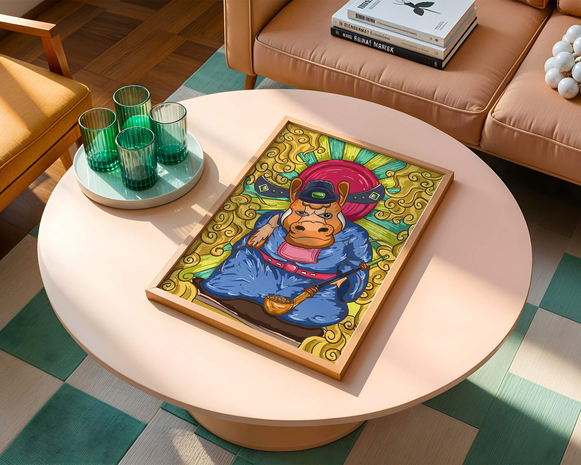 Traducción al español: Ilustración colorida de un personaje animal caprichoso con decoraciones ornamentadas a su alrededor.