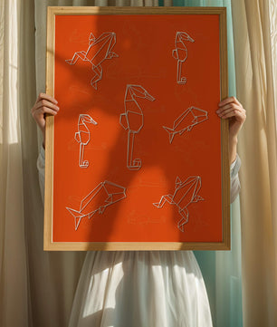Geometrische Tiermuster auf leuchtend orangefarbenem Hintergrund