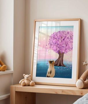 Serene scene with cat and blossoming cherry tree at sunrise
