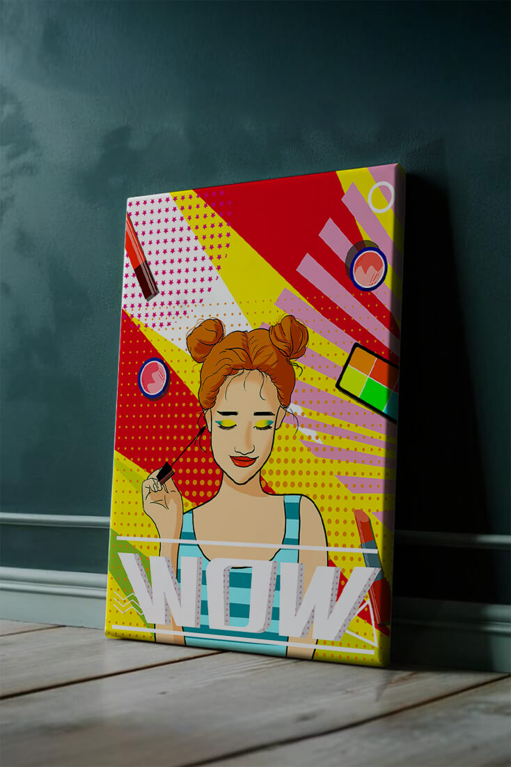 Ilustración de arte pop vibrante con una niña sonriente con maquillaje colorido y patrones audaces