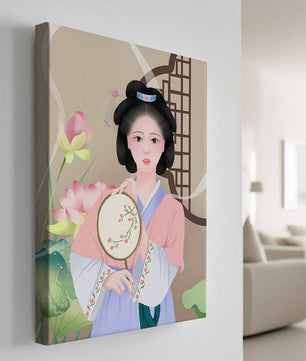 Elegant traditional Asian woman in pastel attire with floral background