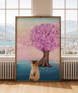 Serene scene with cat and blossoming cherry tree at sunrise