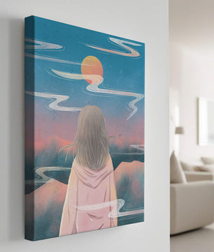 Ruhige Landschaft mit Silhouette, die den Sonnenuntergangshimmel und die Wolken betrachtet