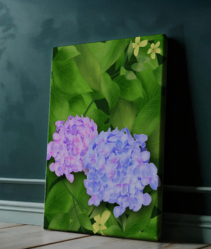 Delicate hydrangeas with lush green leaves in a vibrant botanical scene