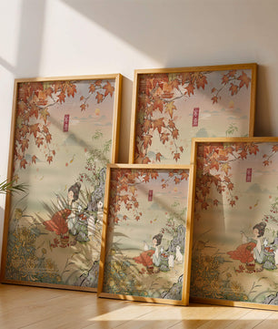 Traditional Chinese painting with autumn scenery and lady sipping tea