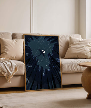 Drachen fliegt durch sternenklare Nacht über dunklen Wald