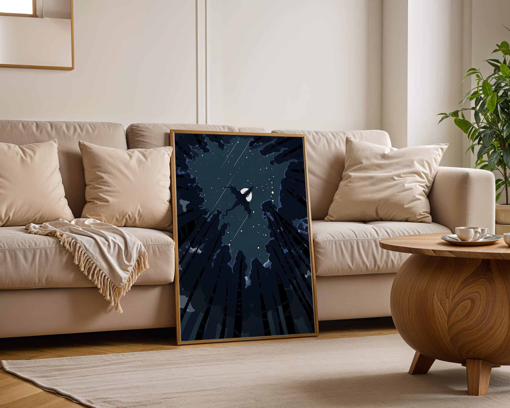 Dragon flying through starry night sky above dark forest