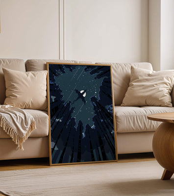 Dragon flying through starry night sky above dark forest