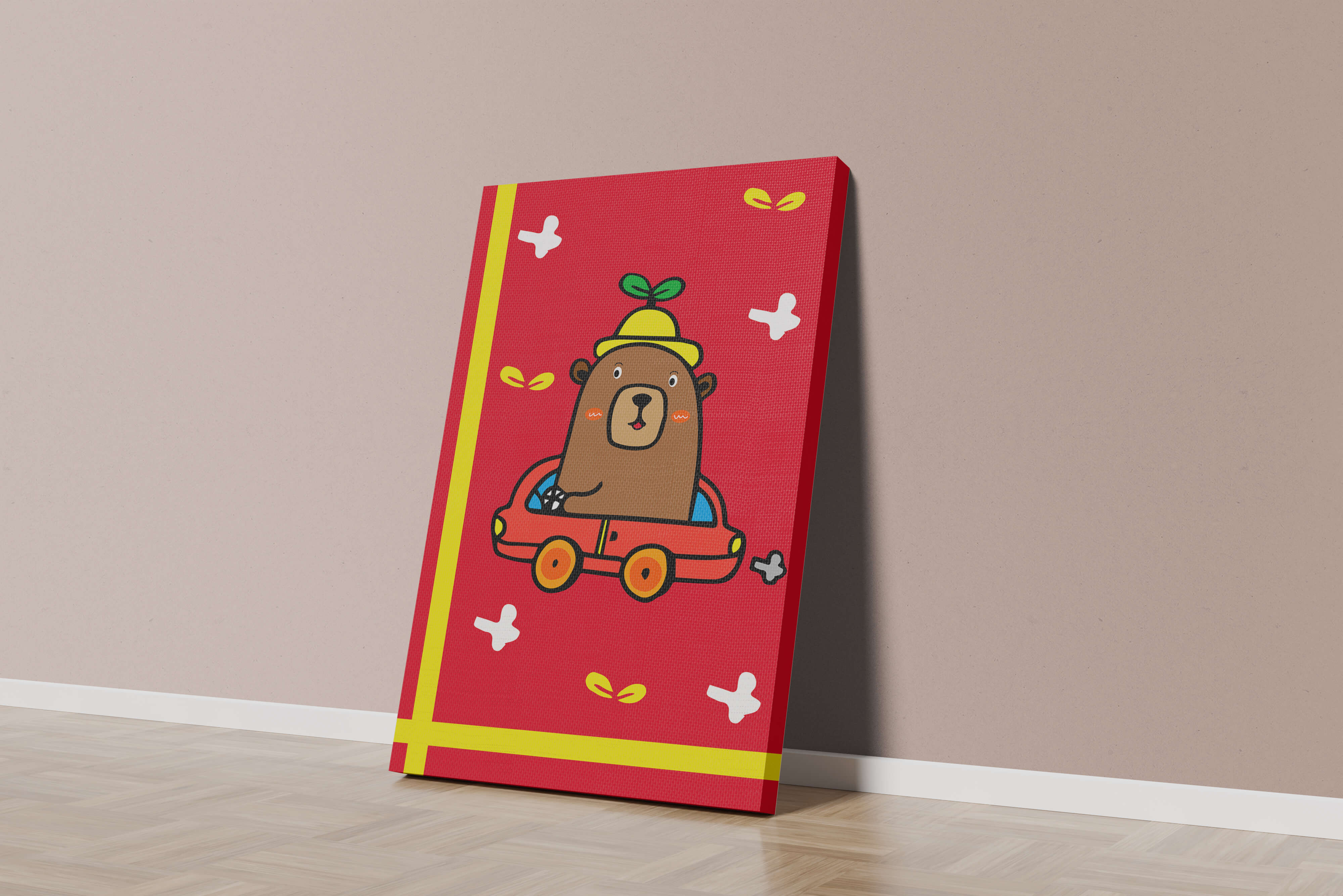 Whimsical bear driving a car on a bright red background