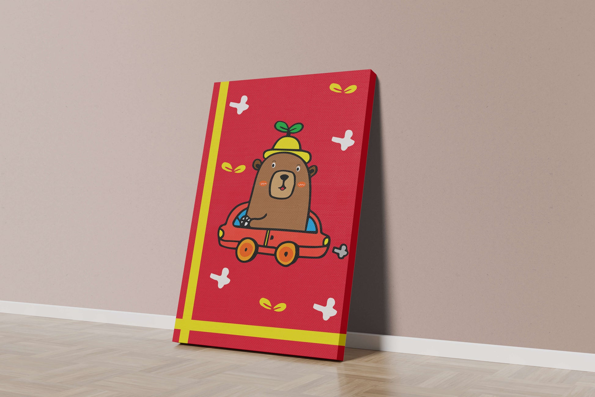 Whimsical bear driving a car on a bright red background