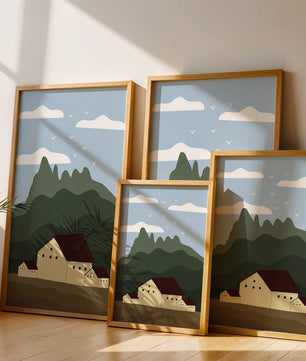 Paisaje minimalista de montaña con casas y pájaros en el cielo