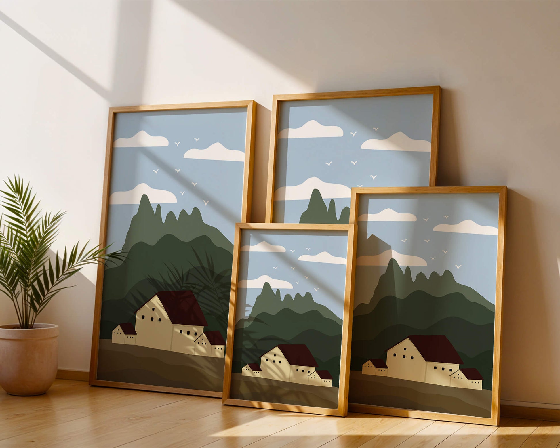Paisaje minimalista de montaña con casas y pájaros en el cielo