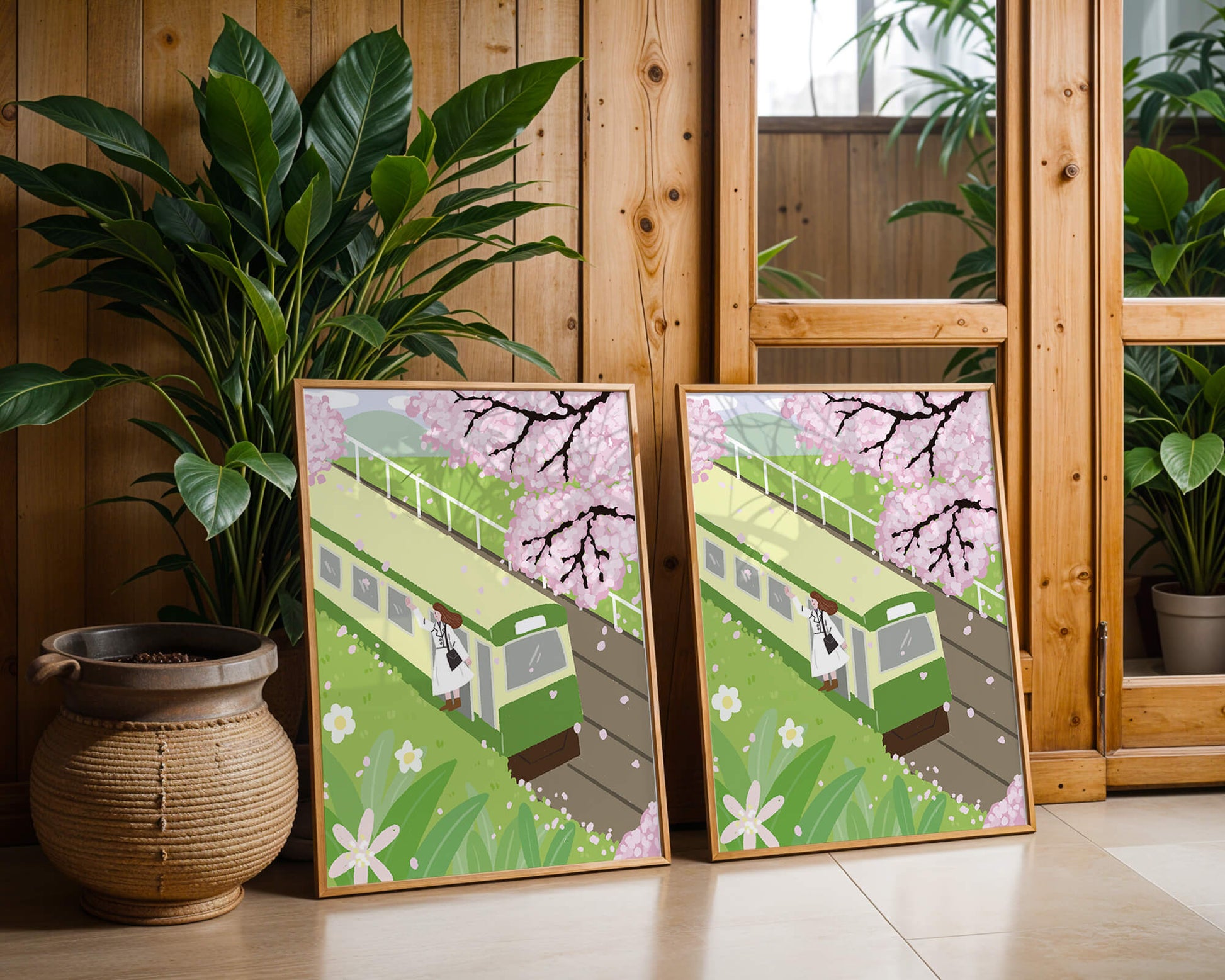 Cherry Blossoms and Train Scene in Spring Landscape