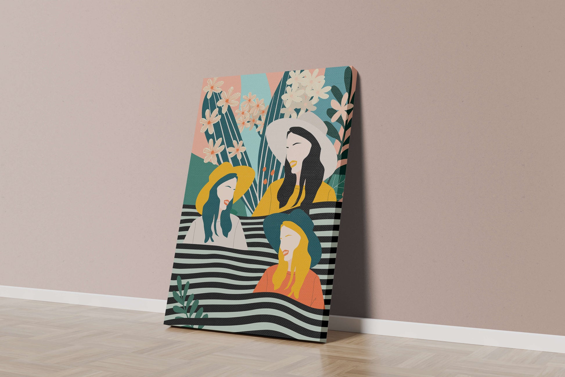 Illustration abstraite colorée de trois femmes avec des éléments floraux et botaniques