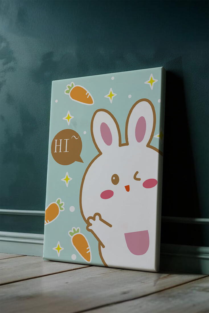 Conejo de dibujos animados juguetón con zanahorias y estrellas sobre fondo turquesa
