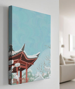 Snow-covered traditional pagoda under a clear blue sky