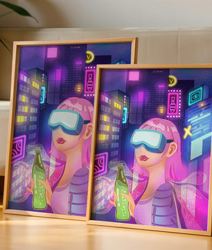 Escena urbana futurista con luces de neón y elementos de realidad virtual